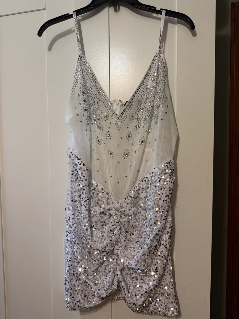 White Sequin Mini Slip Dress with V-Neck